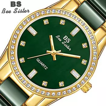 BEE SISTER BS Женские винтажные малахитовые зеленые наручные часы Женские часы с кристаллами и бриллиантами Нержавеющая сталь Серебряные часы Женские кварцевые часы Femme Without box золотой