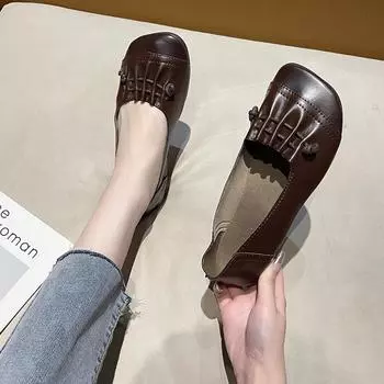 beef tendon sole single shoe flat 2025 new non-slip soft sole comfortable women s shoes shallow mouth mother shoes retro large size leather shoes 35 темно-коричневого