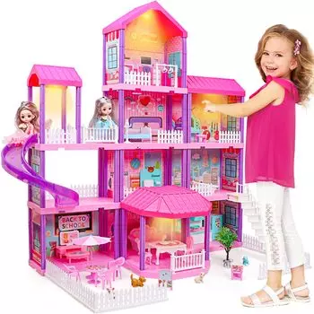 beefunni Dollhouse Dream Dollhouse для девочек Кукольный домик для девочек, 4 этажа, комнаты, 2 куклы и мебель, кукольный домик принцессы, рождественская игрушка в подарок на 2025 год