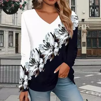 Бегония Цветочный Принт Женские Футболки Женские Топы Длинные Рукава V-образный Вырез Пуловер Femme Футболки Футболка Для Женщин XS фиолетовый