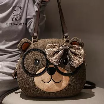 BEIBAOBAO Зимняя новая симпатичная женская сумка через плечо с рисунком медведя в очках, модная изысканная женская сумка-тоут с подвеской в виде банта, большая вместительная дорожная сумка через плечо кофейный