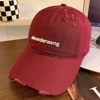 Beige Letter Baseball Cap for Women Make Old Ripped Big Head Circumference Face-Looking Small Peaked Cap Wide Brim Big Face Soft Top Hat Burgundy Adjustable