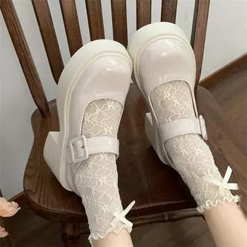 Beige Lolita Shoes Ladies Sweet Academy Style Mary Jane Shoes JK uniform shoes Female Round Toe Med Thick Heels Single Shoes 4.5 бежевый