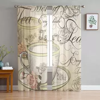 Beige Teacup Rose Flower Chiffon Sheer Curtains for Living Room Bedroom Home Decoration Window Voile Tulle Curtain Drapes W135 x H114cm