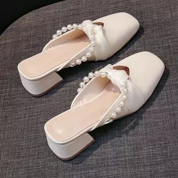 Beige thick-heeled bag head cool slippers, outer wear with skirt, one pedal, new women s single shoes 35