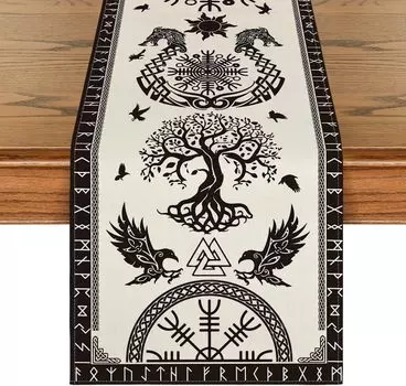 Beige Viking Raven Helmet of Awe Linen Table Runner Seasonal Farmhouse Dresser Scarf Table Decor Home Kitchen Dining Table Decor 150x33cm 59x13inch