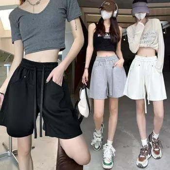 Бежевые широкие брюки, женские пятиминутные брюки, драпированные повседневные прямые свободные шорты, летняя одежда, женские шорты 2024 года 2XL