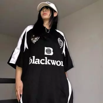 Бейсбольная футболка с буквенным принтом, женские футболки в американском стиле ретро, винтажные футболки с длинными рукавами в стиле хип-хоп, спортивный топ Blokecore, новинка S чёрный
