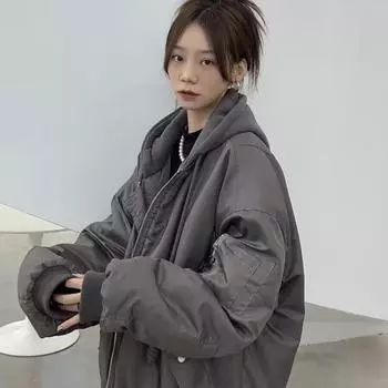 Бейсбольная хлопковая куртка с капюшоном, женская зимняя новая свободная повседневная куртка-пилот, утолщенная теплая хлопковая куртка S чёрный