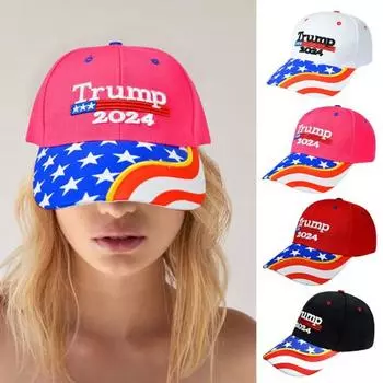 Бейсбольная кепка Трампа с вышитыми буквами и длинными полями, солнцезащитный козырек для президентских выборов 2024 года, принт американского флага, ретро-кепка для митингов и вечеринок унисекс розовый