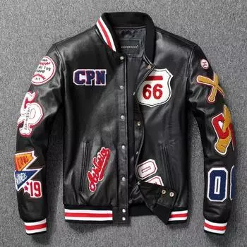 Бейсбольная кожаная куртка с вышивкой, мужская натуральная коровья кожа, мотоциклетные байкерские пальто, осеннее мужское пальто S чёрный