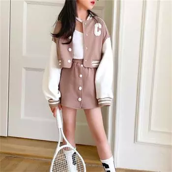 Бейсбольная куртка для девочек, осенний лоскутный наряд с длинными рукавами, комплект из 2 предметов: топы с принтом + брюки, спортивный костюм 110/1 верблюд