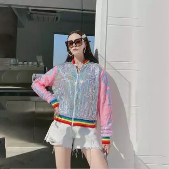 Бейсбольная куртка с пайетками: Модный стиль хип-хоп, европейский дизайн, универсальный короткий воротник-стойка, свободный крой, отделка буквами One Size