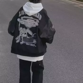 Бейсбольная куртка унисекс в стиле ретро с вышивкой из флока и рукавами из искусственной кожи S