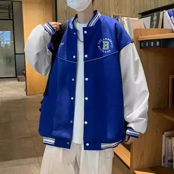 Бейсбольная майка мужская весна и осень зима свободная мужская повседневная трендовая куртка с воротником-стойкой и плетением куртка верхняя часть M синий
