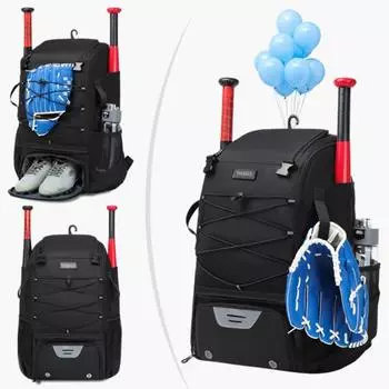 Бейсбольная сумка Прочный дизайн на молнии из ткани Оксфорд Бейсбольный рюкзак с отделением для обуви для занятий спортом чёрный