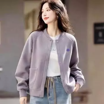 Бейсбольная толстовка, куртка в корейском стиле, повседневная, свободная, вышитая, осенняя модная куртка M светло-фиолетовый