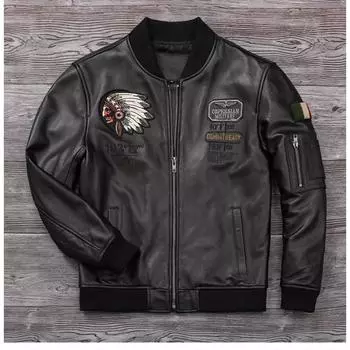 Бейсбольное пальто с индийской вышивкой китайского размера, повседневные кожаные куртки из натуральной коровьей кожи для мужчин, кожаная куртка весна-осень S