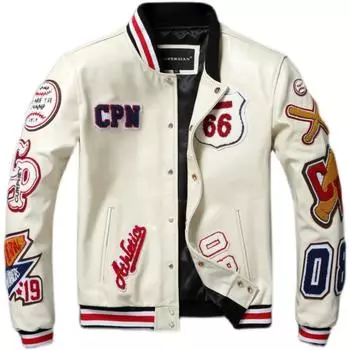 Бейсбольные куртки с вышивкой, куртка из натуральной воловьей кожи, мужские мотоциклетные байкерские пальто, осеннее мужское пальто XL белый