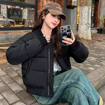 Бейсбольные майки, пуховики, женская одежда из хлопка, новые воротники-стойки, свободные и универсальные комбинезоны, теплые куртки. M чёрный