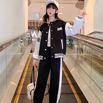 Бейсбольный костюм для девочек на весну и осень, детская модная куртка с отворотом, повседневные длинные брюки, толстовка из 2 предметов 170cm белый