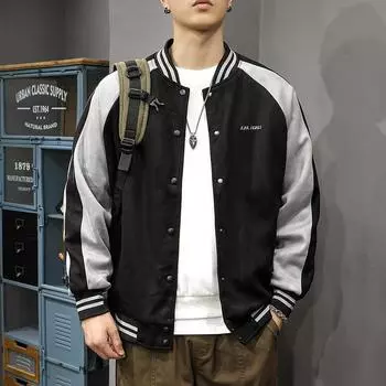 Бейсбольный костюм из плотной замши контрастных цветов, мужская свободная повседневная куртка-бомбер большого размера M чёрный