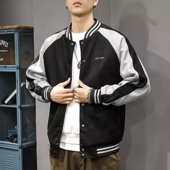 Бейсбольный костюм из плотной замши контрастных цветов, мужская свободная повседневная куртка-бомбер большого размера M чёрный