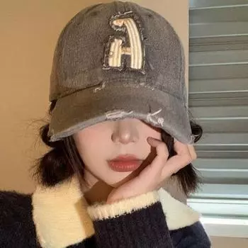 Бейсболка из стираного денима, женская, 2024 года, новая, американская, со старым лицом, маленькая, с широкими полями, большая окружность головы, шляпа Adjustable-A Denim Baseball Cap 23 серый