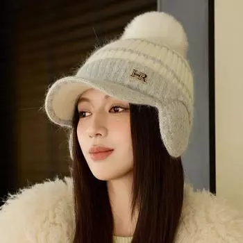 Бейсболка осень-зима для женщин, защита ушей, вязаная шапка бежевый