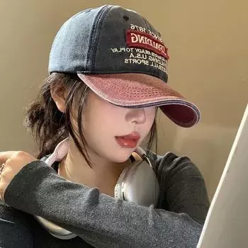 Бейсболка с мягким верхом контрастного цвета, женская, стираная джинсовая ткань, большая окружность головы, показывающая лицо, маленькая кепка, американская ретро-шляпа с широкими полями adjustable тёмно-синий