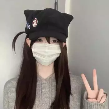 Бейсболка с мультяшными кошачьими ушками, милая и сладкая, дизайн шляпы Аска, нишевая кепка с изображением маленького лица Adjustable