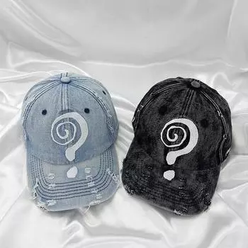 Бейсболка с вышитым старым знаком вопроса, мужская, стираная, джинсовая, старая, модная, брендовая, хип-хоп, уличная, женская M56-58cm чёрный