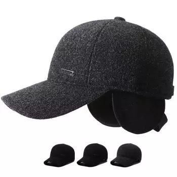 Бейсболка среднего возраста, мужская осенне-зимняя уличная шерстяная теплая кепка, бархатная толстая хлопковая кепка, защита ушей, козырек тёмно-синий