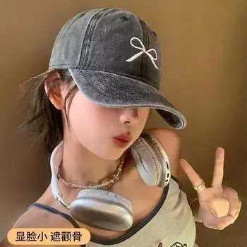 Бейсболка в стиле ретро с бантом женская стираная старая стираная шляпа от солнца большая окружность головы универсальная кепка Adjustable - Washed Small Bow Stick чёрный