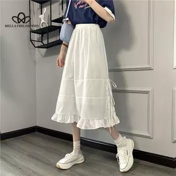 Белая элегантная юбка с оборками, женская элегантная юбка-миди в Корейском стиле с высокой талией, лето 2021, дизайнерская эластичная вечерняя повседневная юбка трапециевидной формы S чёрный