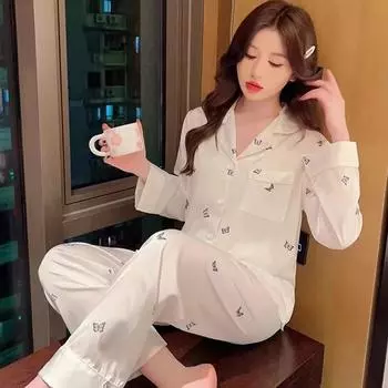 Белая бабочка женские пижамные комплекты атласный шелк осень зима длинные рукава длинные брюки пижамы милая пижама повседневная пижама уютная M