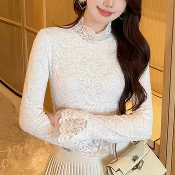 Белая бархатная кружевная рубашка на основе для женщин на осень и зиму с рукавами-клапанами, модная верхняя половина водолазки, темпераментная рубашка S