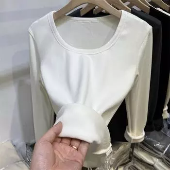 Белая бархатная зимняя рубашка-рубашка для женщин, новый стиль, теплая футболка с длинными рукавами, облегающая одежда S