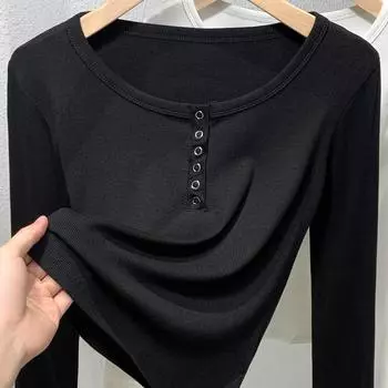 Белая базовая футболка с круглым вырезом, женская новая ранняя осенняя рубашка с длинными рукавами, закрывающая живот и демонстрирующая тонкий верх M чёрный