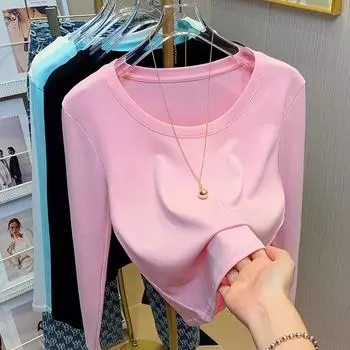 Белая базовая рубашка с круглым вырезом для женщин на весну и лето, новая модная внутренняя тонкая однотонная универсальная футболка с длинными рукавами S белый