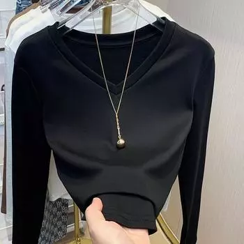 Белая базовая рубашка с V-образным вырезом для женщин на весну и лето, футболка с длинными рукавами, новый облегающий крой и облегающий топ S белый