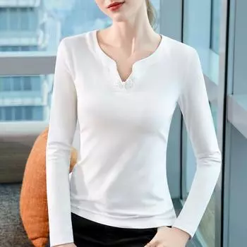 Белая базовая рубашка с V-образным вырезом для женщин, новая осенне-зимняя, новинка, китайский стиль, складной женский декоративный боди в китайском стиле S белый