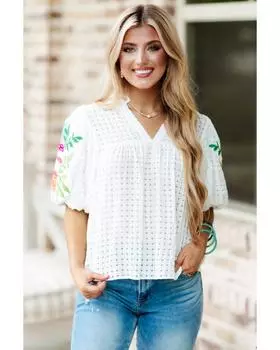 Белая блузка Azura Exchange с цветочной вышивкой и рукавами-фонариками, вырезом на горловине M белый