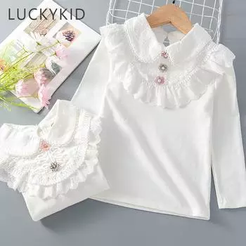Белая блузка для школьниц, кружевные рубашки с длинными рукавами, детская хлопковая рубашка, топы для маленьких девочек-подростков, детская одежда 160