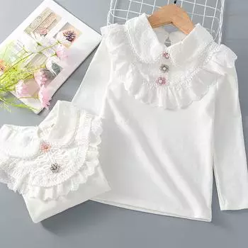 Белая блузка для школьниц, кружевные рубашки с длинными рукавами, детская хлопковая рубашка, топы для маленьких девочек-подростков, детская одежда