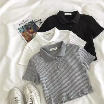 Белая, черная, серая рубашка поло, женские топы с коротким рукавом, эластичная трикотажная футболка в рубчик с 3 пуговицами, тонкие укороченные футболки M белый