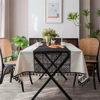 Белая, черная вязаная крючком выдолбленная лоскутная скатерть с кружевным краем и принтом, пылезащитная крышка для стола, с кисточками, подходящее по цвету настольное полотенце 90x90cm 1pcs