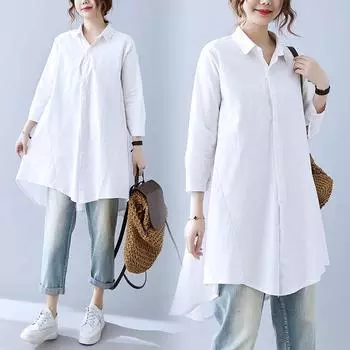 Белая длинная рубашка женская с лацканами и длинным рукавом на пуговицах блузки женские топы L чёрный