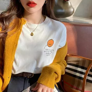 Белая футболка-бомбер из чистого хлопка для женщин, новый осенний стиль, свободная, стильная и универсальная футболка с длинными рукавами для женщин One size