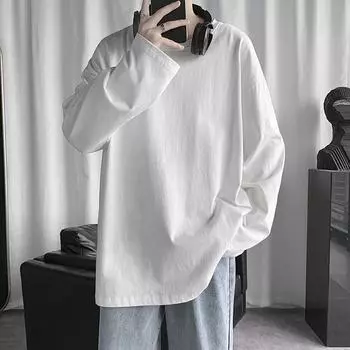 Белая футболка мужская с длинным рукавом свободная повседневная базовая рубашка бренда Tide в гонконгском стиле корейская версия однотонной рубашки M белый